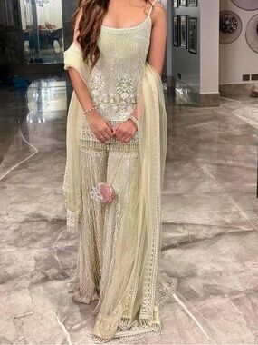 Embroidered Olive Green Sharara Set with White Lace